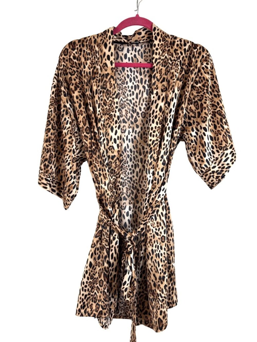 Cassandra Intimates Leopard Print Satin Kimono Robe With Tie-Belt S/M